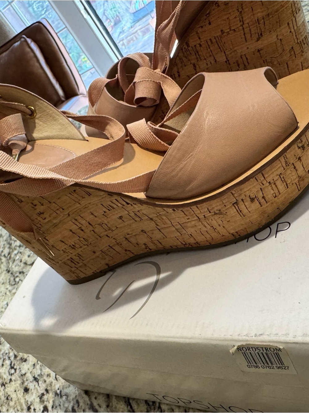 Topshop Blush Pink Cork Platform Wedge Sandals with Ribbon Ties